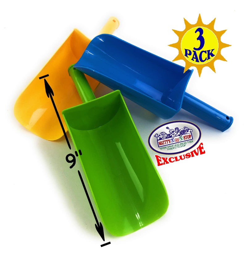 Matty's Toy Stop 9" Kids Short Handle Sand Scoop Plastic Shovels for Sand & Beach (Yellow, Blue & Green) Gift Set Bundle - 3 Pack - Image 2
